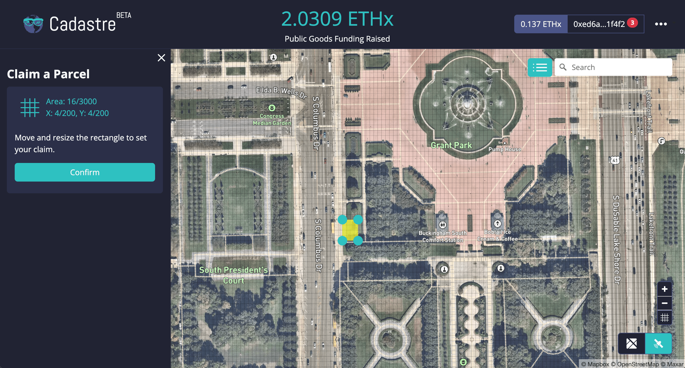 View of the start of a parcel claim on the Geo Web near the Eiffel tower.
